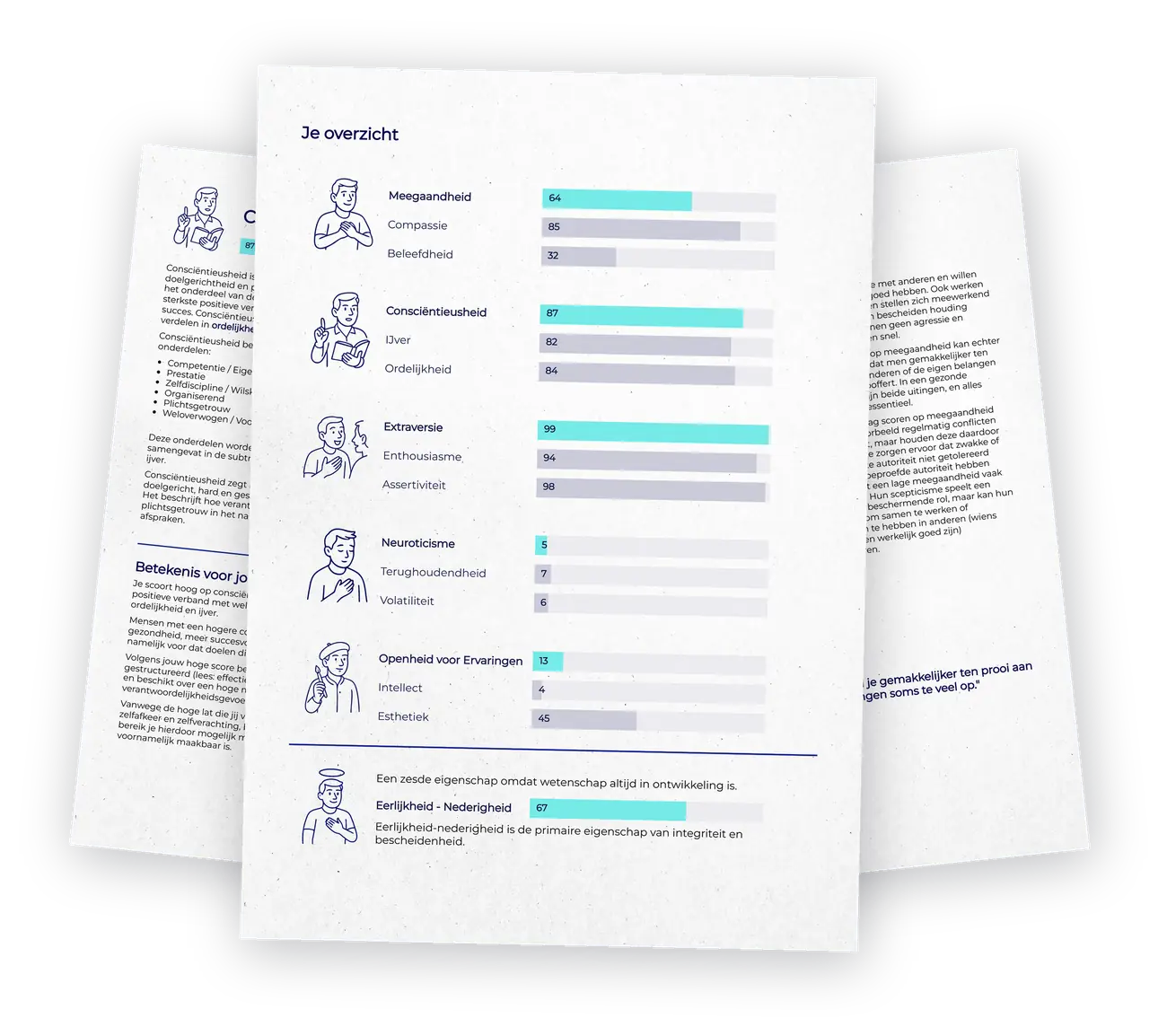 Drie pagina’s uit het persoonlijkheidsrapport van Persoonlijkheid.nl, met scores op een schaal van 0 tot 100
