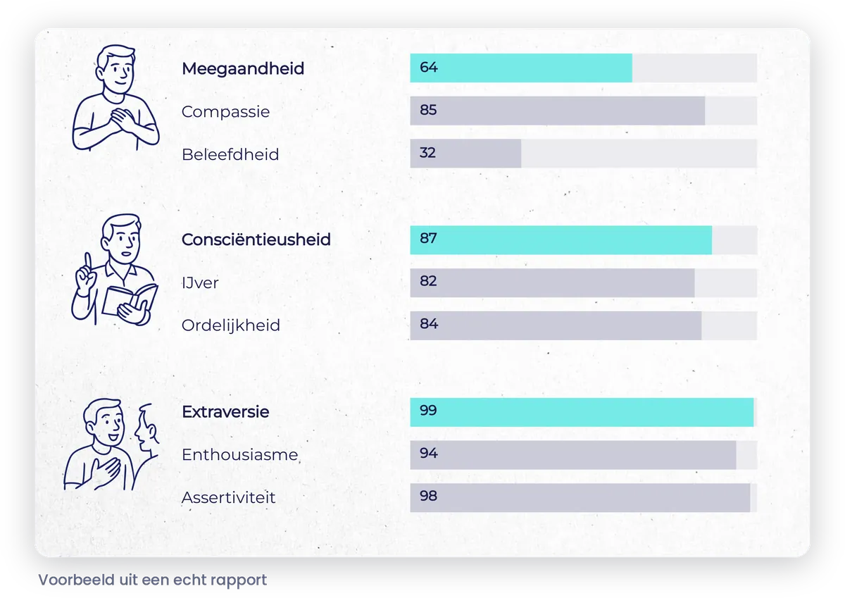 Voorbeeld uit een persoonlijkheidsrapport: scores op meegaandheid, consciëntieusheid en extraversie